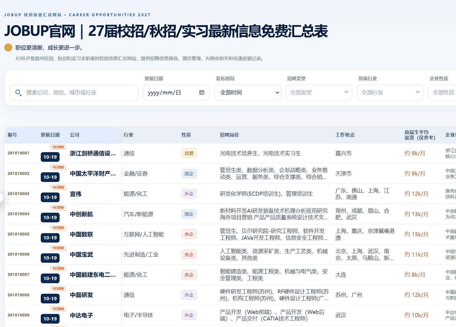 JOBUP 首页校招信息汇总表截图，展示岗位搜索筛选和招聘信息列表